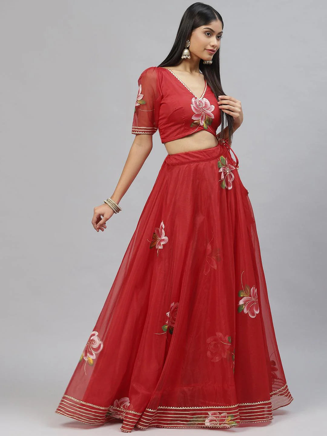 Dutika Red Hand Painted Organza Flared Lehenga Choli Set With Organza Dupatta